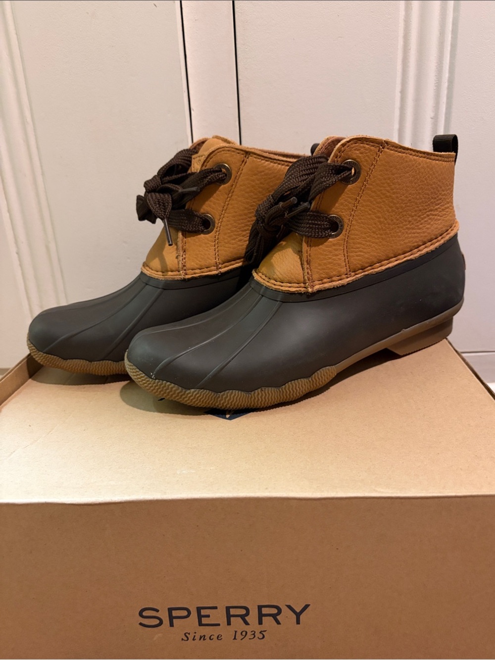 Sperry Two-Tone Waterproof Duck Boots in Brown and Black
